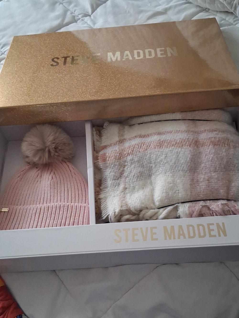 Steve Madden Blush Pink Pom Knit Beanie & Cream Plaid Scarf Set